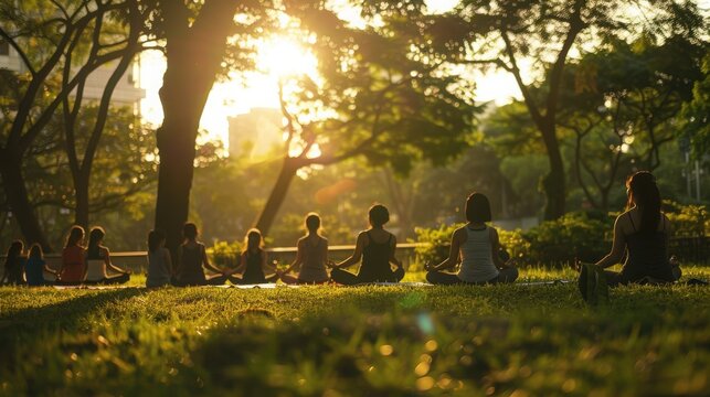 People practice group meditation on a grassy park lawn during a warm and golden sunset afternoon.