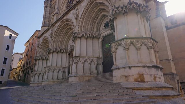 Ornate Gothic entrance facade of Cuenca Cathedral in the historic center of Cuenca Spain