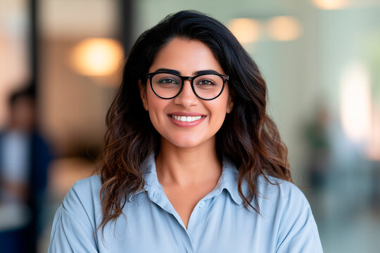 Portrait of indian businesswoman wearing shirt and standing outside conference room. Portrait of happy business lady wearing spectacles and looking at camera with copy space. Satisfied proud female