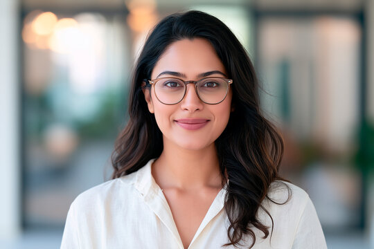 Portrait of indian businesswoman wearing shirt and standing outside conference room. Portrait of happy business lady wearing spectacles and looking at camera with copy space. Satisfied proud female
