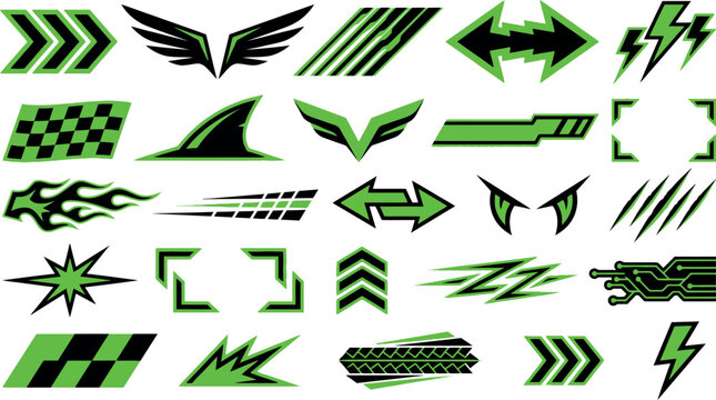Racing decals and vinyl graphics set, 25 green and black sports car stickers, aggressive automotive livery elements for vehicle wrapping, modern speed stripes and tribal flame vectors.