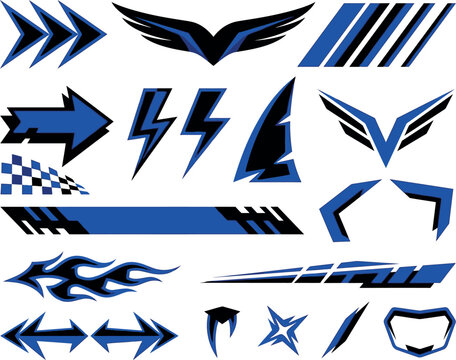 Racing vinyl decals and sports car wrap stickers set, blue and black geometric vehicle graphics, aggressive automotive livery elements for tuning and motor sports branding design vector