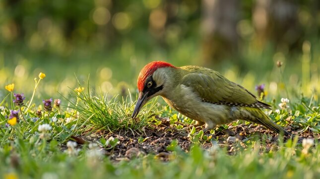 european green woodpecker (picus viridis) feeding on the ground