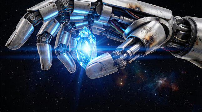 Robotic hand holding glowing blue crystal in starry cosmos
