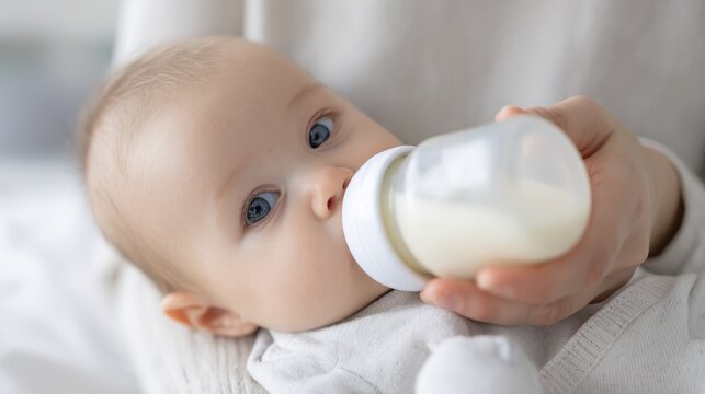 Adorable baby feeding: close-up of infant drinking from bottle in cozy setting