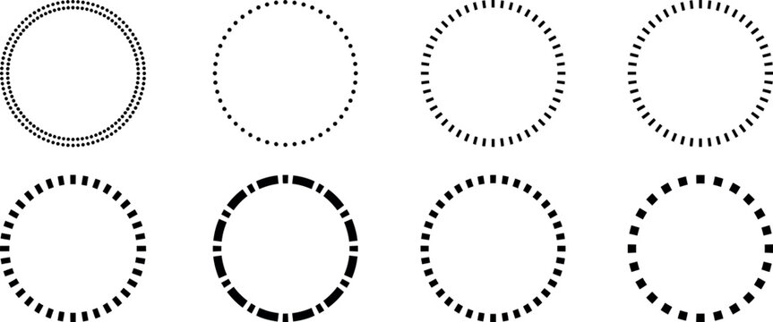 Minimalist circular border set with 8 black dashed line frames. Geometric round stroke collection for logo design and badges. Simple outline circle vector elements for graphic branding.