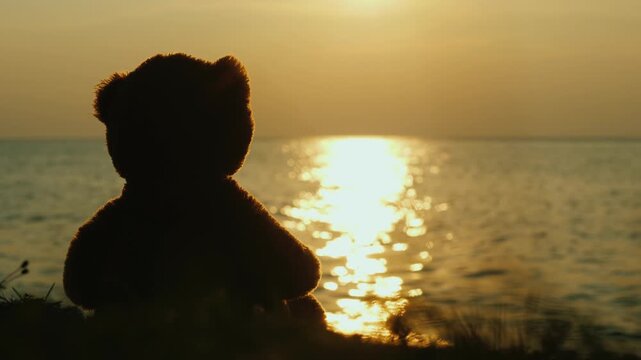 Lonely teddy bear silhouette watching sunset over calm ocean water with sun reflections, cinematic footage.