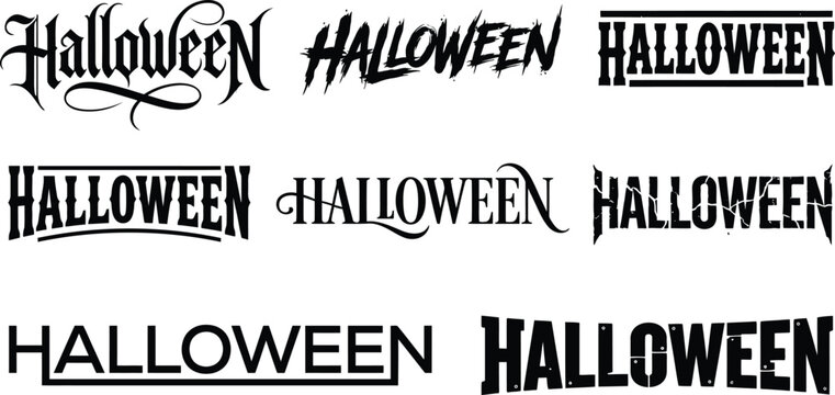 Set of eight halloween lettering designs in various spooky styles with halloween lettering typography calligraphy collection greeting celebration invitation monochrome