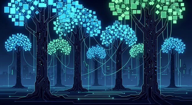 Futuristic digital forest with glowing neon circuit trees and data network connections in dark cyber space background