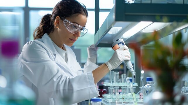 Scientist in a white lab coat and safety goggles uses a precision pipette to transfer liquid samples into test tubes within a modern clinical research laboratory.