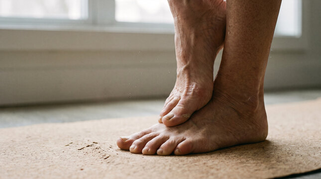 Close-up of bare human feet resting on a textured surface by a window