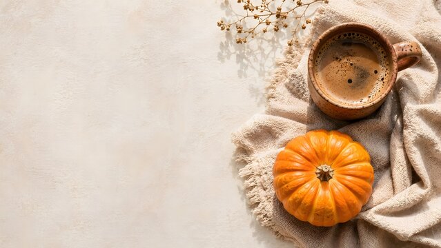 Cozy autumn flat lay with coffee mug and pumpkin, warm aesthetic fall background, rustic morning coffee on beige textile with copy space