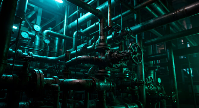 Industrial machinery with pipes and valves in a facility