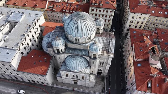 Aerial view of Serbian Orthodox Church of Saint Spyridon in Trieste, Italy