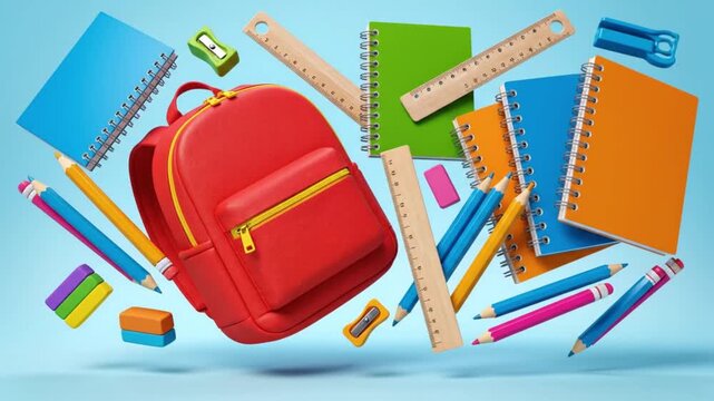 3 d animation of floating school supplies and red backpack for back to school concept education stationery