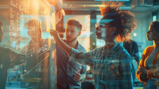 Team members analyze complex project data on a glowing interactive glass display in a dark office.