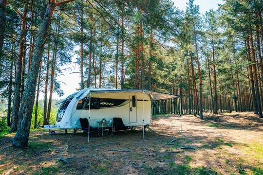 Caravan parked under tall pine trees in a sunlit forest setting with open awning