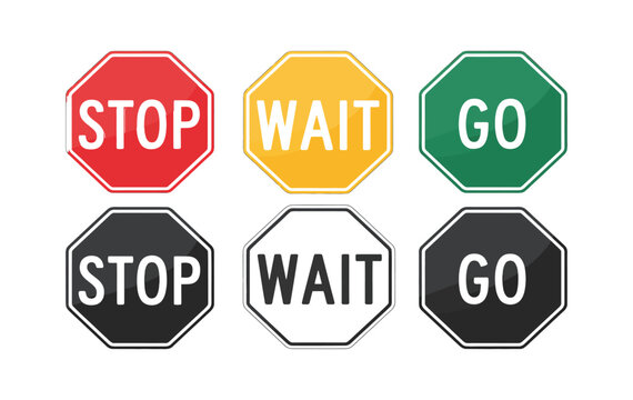 octagonal traffic control signs featuring stop, wait and go messages for road safety and site management vector illustration