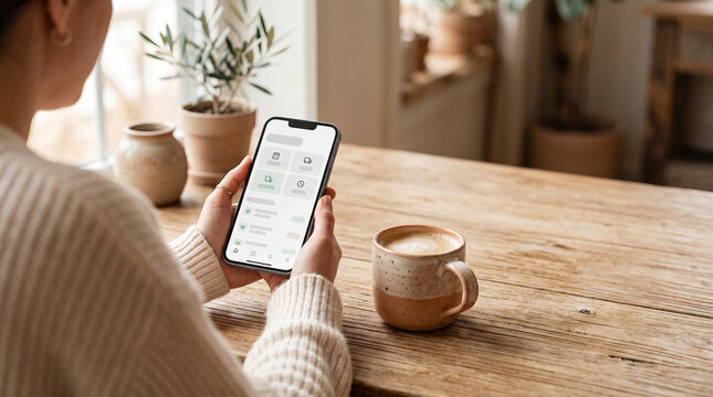 Woman using mobile app on smartphone with coffee cup on wooden table