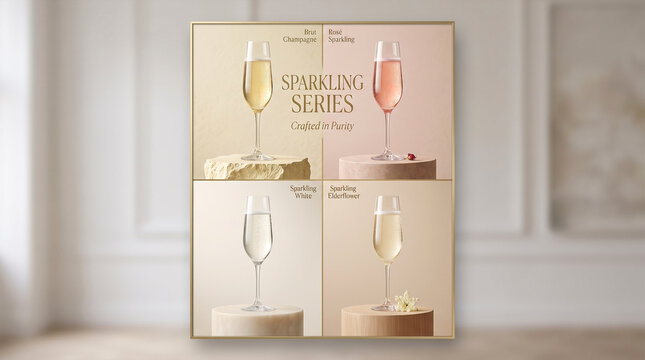 Four glasses of sparkling wine, Brut Champagne, Ros&Atilde;&copy;, White, and Elderflower