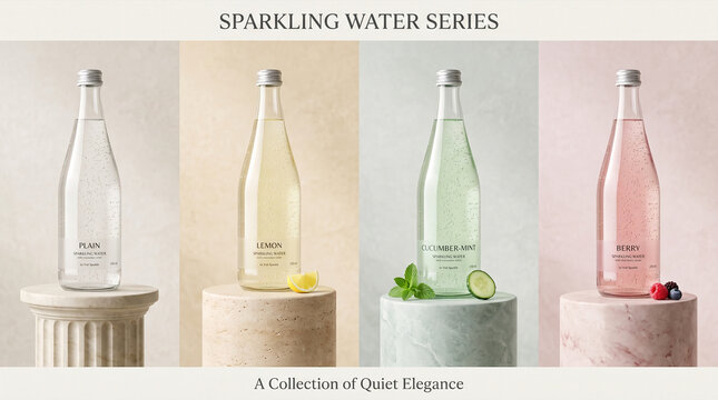 Sparkling water bottles variety collection, clean and refreshing flavors