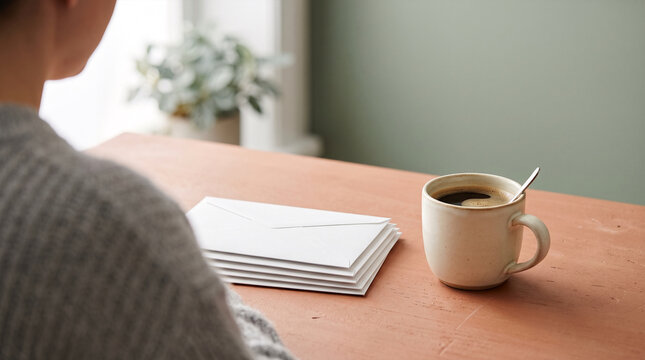Person holding coffee cup near envelopes on wooden table indoors