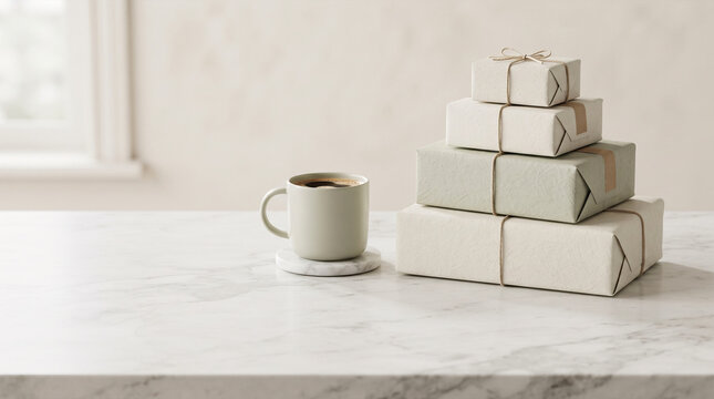 Stack of gifts and coffee cup on marble table in soft light