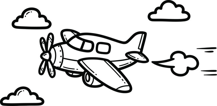 A simple hand drawn black and white line art illustration of a small propeller airplane flying through clouds