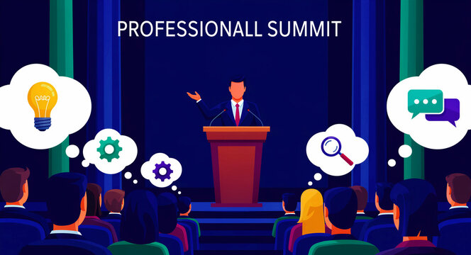 Businessman speaking at podium during professional summit conference. Audience listening to presenter with conceptual icons for strategy and ideas. Leadership theme for seminar marketing.