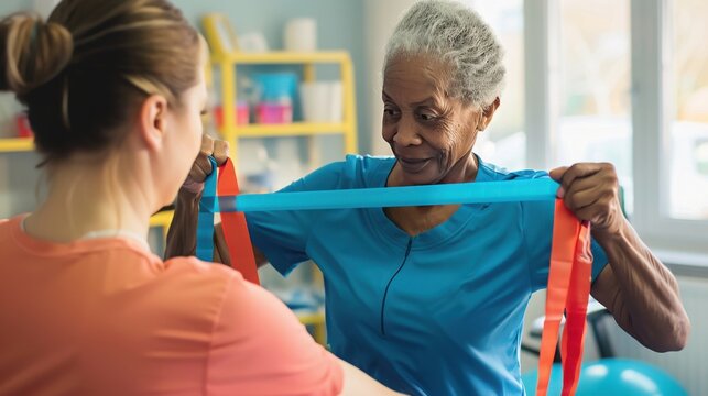 Physical therapist instructs a senior woman on proper technique while using a blue resistance band for shoulder strengthening exercises.