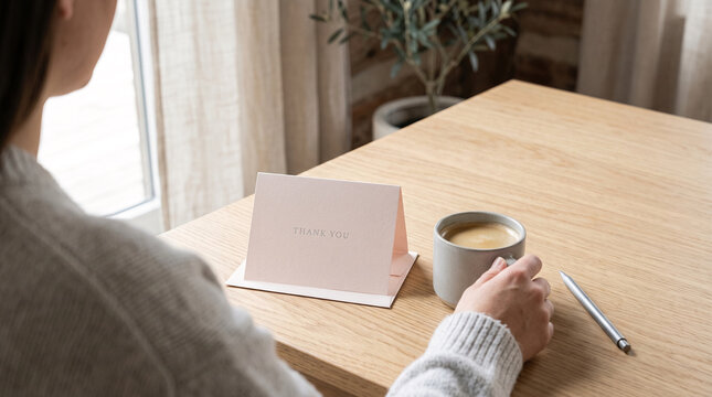 Person writing thank you card with coffee and pen on wooden table