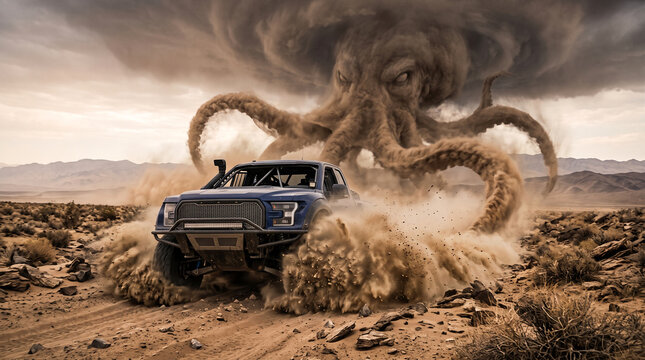 Blue off-road truck racing through desert dust storm with giant monster