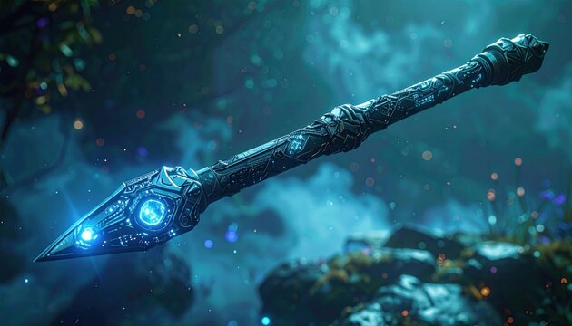 Glowing blue fantasy sword in darkness.
