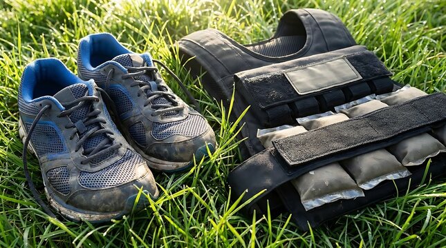 Blue running shoes and weighted vest on green grass.