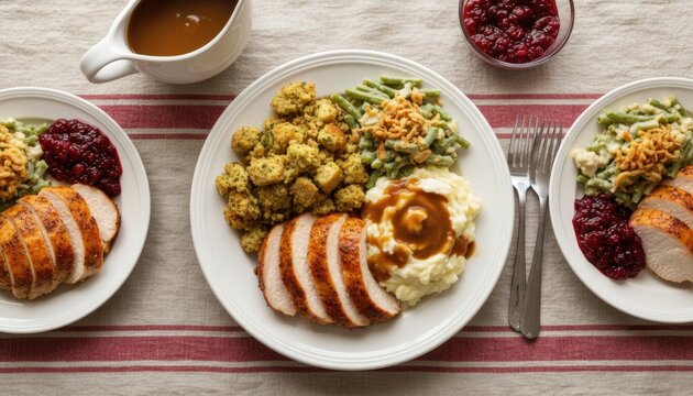 Festive turkey dinner table setting, sliced roast turkey with stuffing and cranberry sauce, holiday meal flat lay