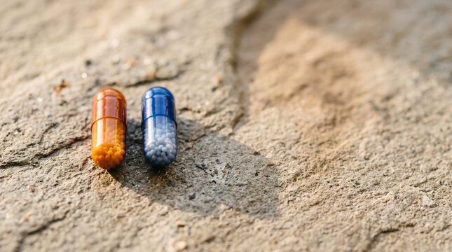 Two medicine capsules, one orange and one blue, rest on textured concrete