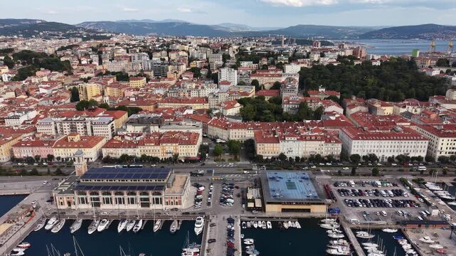 Wide aerial view of waterfront harbour cityscape in Trieste city, Italy