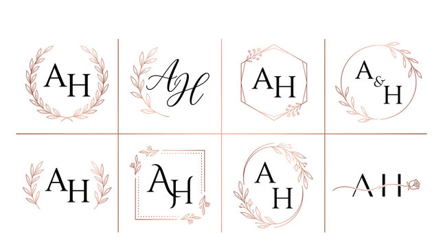 Elegant floral wedding monogram collection featuring AH initials design by alevidhanu