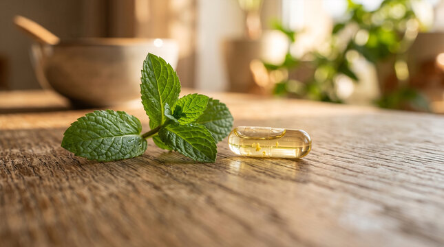 Mint leaves and supplement capsule on rustic wooden table with soft lighting