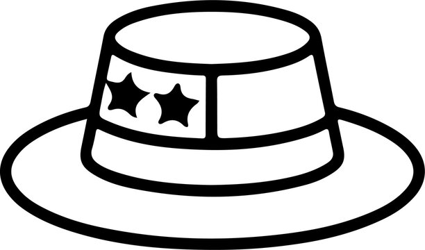 Wide brim cowboy hat illustration with stars, western fashion accessory icon, minimal line art design, stylish branding symbol for identity