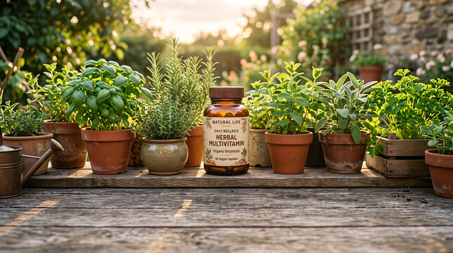Potted herb garden with multivitamin bottle on rustic wooden surface