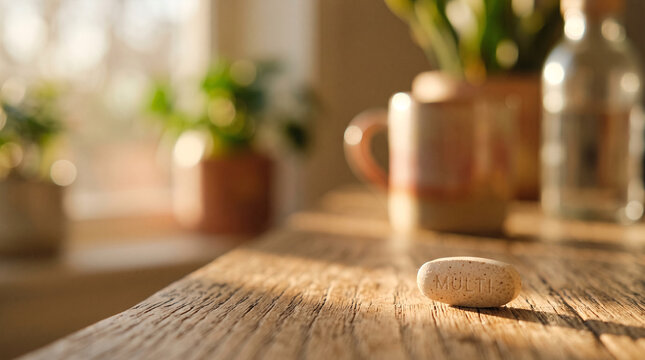 Multivitamin pill with "MULTI" inscription on rustic wooden table