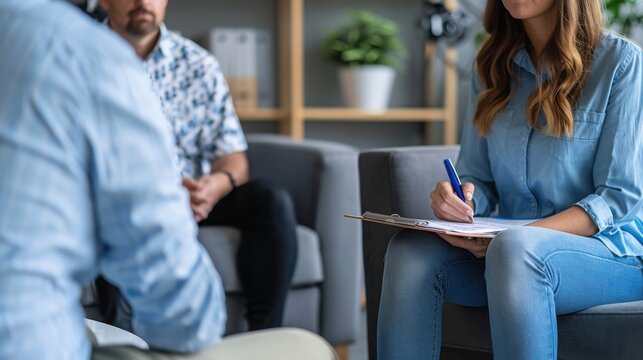Therapist listens to a client during a professional consultation session while writing observations on a notepad.