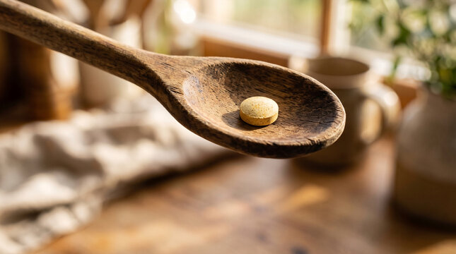 Single round pill resting on antique wooden spoon with soft background