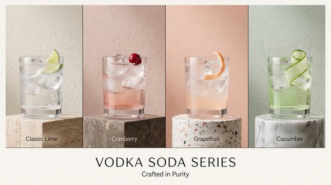 Four refreshing vodka soda drinks featuring lime, cranberry, grapefruit, and cucumber