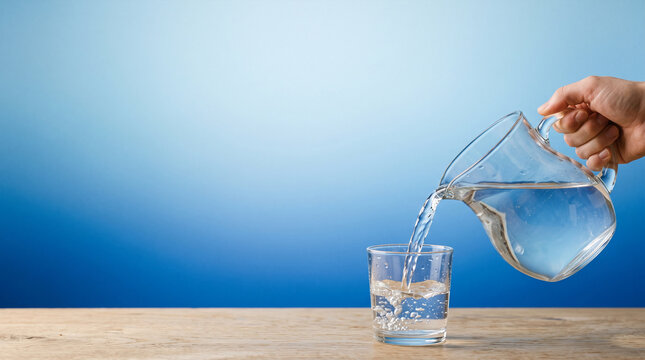 Hand pouring fresh water from glass pitcher into drinking glass