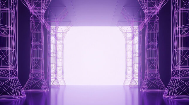 Futuristic purple wireframe architecture with glowing light tunnel entrance