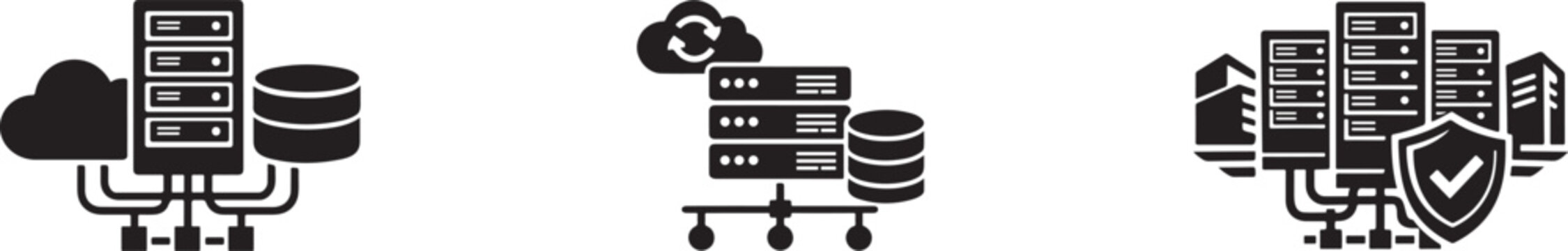 Server infrastructure solid vector icons for cloud, network and data center technology pack.