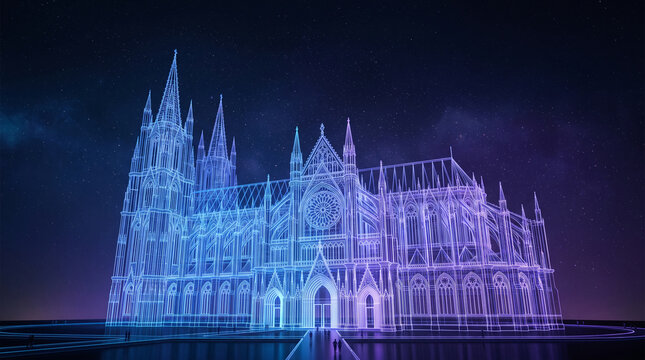 Architectural digital blueprint of a gothic cathedral against starry night sky