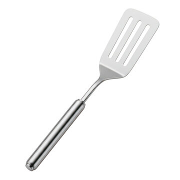 Stainless steel slotted kitchen spatula isolated on transparent background